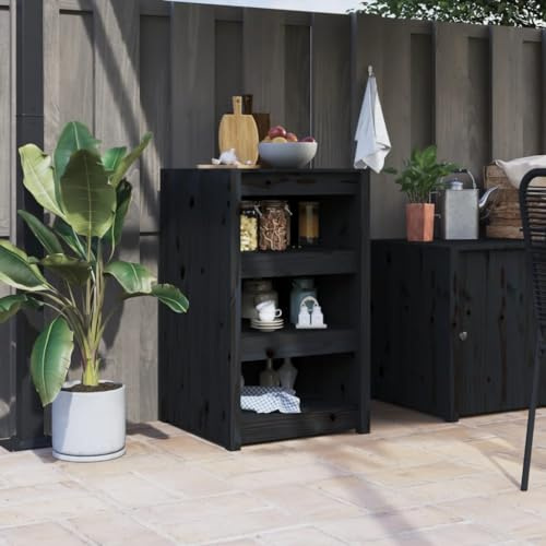 Mandloder Outdoor-Küchenschrank Schwarz, 55x55x92 cm, Massivholz Kiefer, modularer Vorratsschrank für Gartenküche, viel Stauraum, robuste Konstruktion