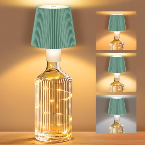 ICARE LED Flaschenlampe mit Lichterkette, Kabellose Flaschenlicht, Grün | Touch Dimmbar, 3 Farbtemperaturen, USB-C Aufladbar, IP54, für Balkon, Terrasse, Restaurant, Schlafzimmer, Bar und Camping