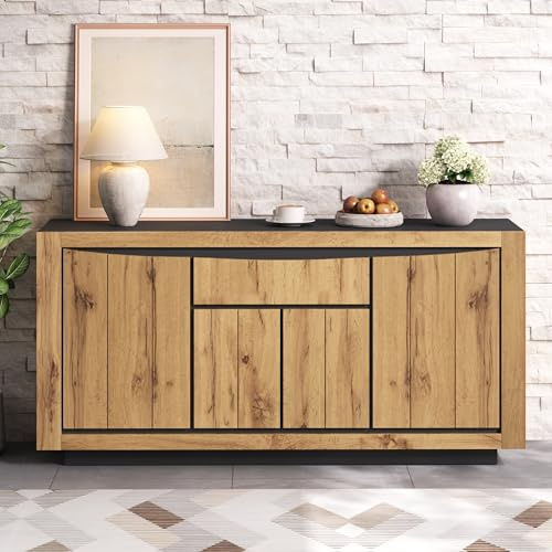 Moimhear Aparador con 4 puertas, 1 cajón, armarios anchos sin mango, color madera + negro, 140 x 38,5 x 52 cm