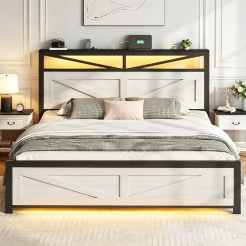 PROZENBDING Cadre de lit Double 160x200 avec LED et USB, Blanc | Cadre de lit à Structure métallique et tête en Bois, Rangement intégré, lit avec sommier à Lattes – sans Matelas