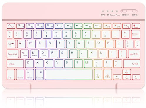 MMK Bluetooth Keyboard for iOS, Android and Windows, 7 Colors Backlit | Ultra-Slim Wireless Keyboard, Small Silent Whisper-Quiet, Compatible with iPad, iPhone, Samsung, Lenovo, Huawei devices, Pink