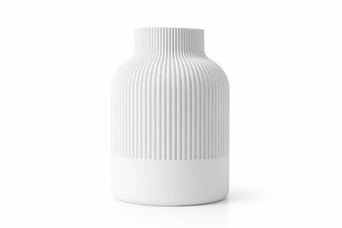 NOVA Deko Vase Modern Geriffelt – Minimalistische Blumenvase für Wohnzimmer, Tisch & Regal – Skandinavische Design Vase – 3D Druck Dekoration (Weiß, 16 cm)