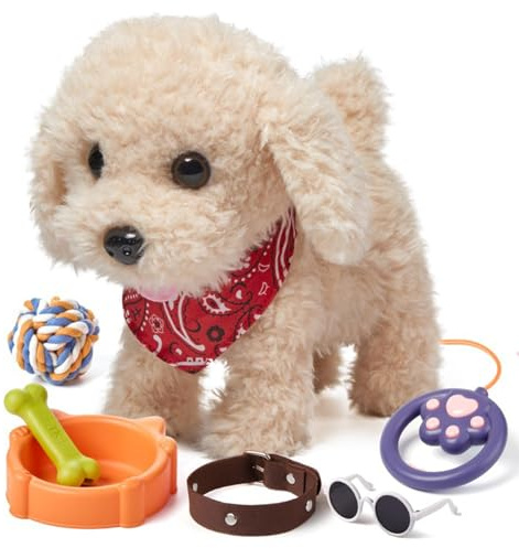 Jazuaiao Robotic Plush Canine Companion with Feeding Bowls and Toy for Imaginative Play Boys and Girls Holiday Battery Operated Puppy Toy