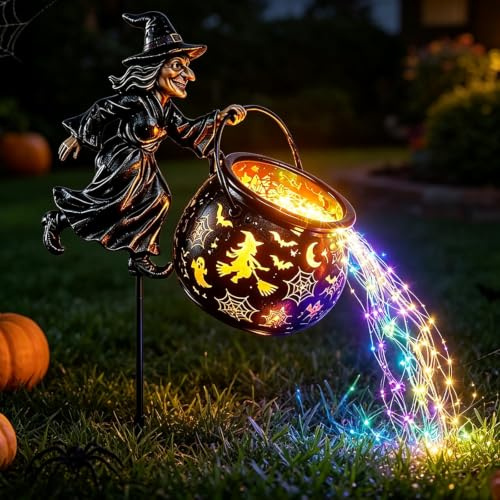 Halloween Witch Cauldron Garden Light, Colorful Waterfall-Style Light Flow Flying Witch Garden Stake, Halloween LED Projector Lights Decorations Outdoor, LED Projector Lights for Yard Lawn Patio