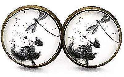 Damen Glas-Ohrstecker Pusteblume mit Libelle handmade by Schmuckphantasien 12mm bronze Glas-Cabochon Ohrringe handgefertigt auch in silber