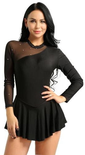 Agoky Damen Neckholder Kleider elegant Langarm Ballettkleid Tanzkleid rückenfrei Eiskunstlauf Kleid Ballett Tanz Gymnastik Trikot Bodysuit gr. 32-40 Schwarz 38