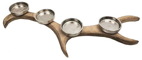 Adventsgesteck/Adventskranz, Mango Holz in Geweihform, 4 Kerzenhalter aus Metall