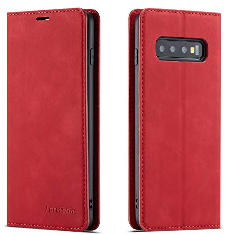 EYZUTAK Hülle für Samsung Galaxy S10, Magnetverschluss Premium PU Leder Flip Case mit Kartenfächern Brieftasche Standfuntion stoßfeste Silikonhülle Retro Ledertasche - Rot