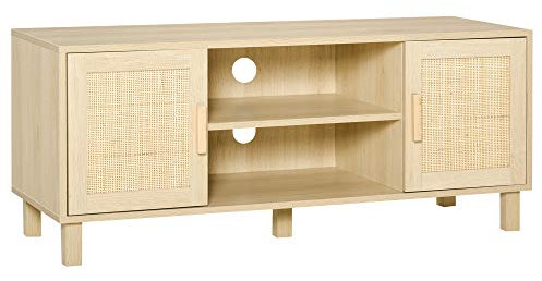 HOMCOM - Mobile TV con 2 nicchie e 2 ante porta canna, in rattan, dimensioni: 115 x 40 x 48 cm, effetto legno chiaro