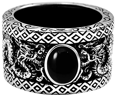 Schwarz 925 Sterling Silber Orientalische Doppelt Drachen Ring mit Achat Vintage Chinesischer Drachenring Schmuck für Herren Damen Größe 68