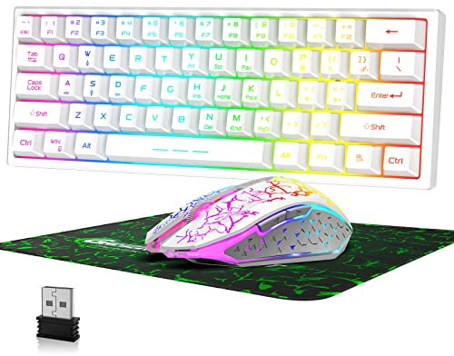 60% Kabellos Gaming Tastatur und Maus Combo Set 2,4 GHz Wiederaufladbare 3800 mAh 61 Tasten Kompakttastatur mit Rainbow LED Hintergrundbeleuchtung + 2400 DPI 6 Tasten Rainbow LED Silent Mouse (Weiß)