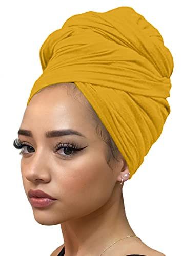 Kachanaa African Turban Head Wraps Jersey Stretch Hair Scarf Long Shawls Solid Color Soft Lightweight Head Bands Tie for Black Women (Ginger Yellow)