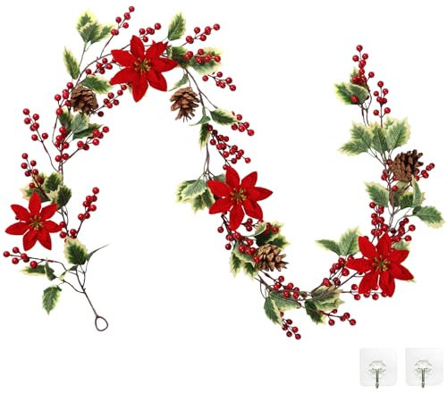 SOMYTING Künstliche Beerengirlande mit Grünen Blättern Weihnachtsgirlande mit Roten Beeren Girlande Weihnachten Tanne Girlande Rote Beerengirlande für Hochzeit Kamin Treppe Tischdekoration