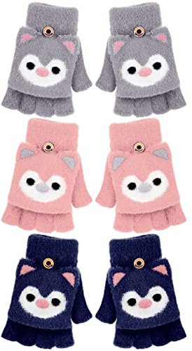 Geyoga 3 Paar Cartoon Fingerlose Fäustlinge Halbfinger Handschuhe mit Klappe für Kinder 5-10 Jahre (Grau, Hellrosa, Marineblau, Eule)