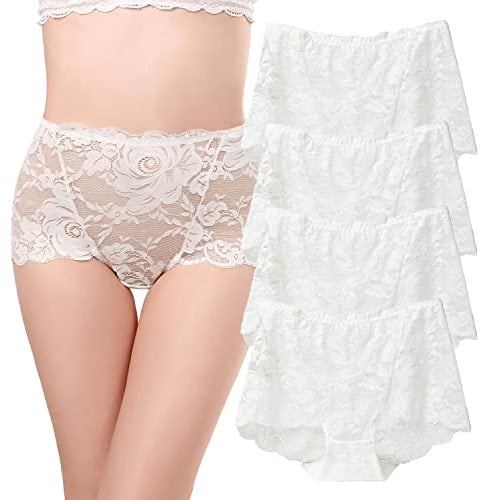 KE206739 Lot de 4 culottes ultra fines en dentelle pour femme Taille haute, blanc, XXL