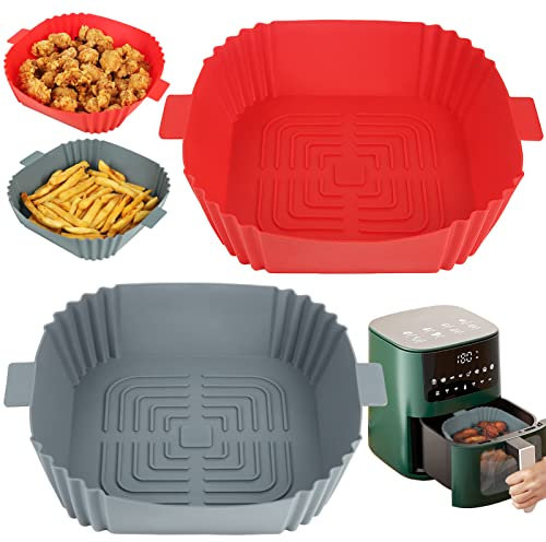 YQL Silicone Air Fryer Liner Square for Airfryer Baskets 3.5L-5.5L, 8 Inch Reusable Air Fryer Accessories, Inner Size: 6.5 Inch Airfryer Trays for COSORI, Ninja,Tefal, Russell Hobbs (Red & Grey)