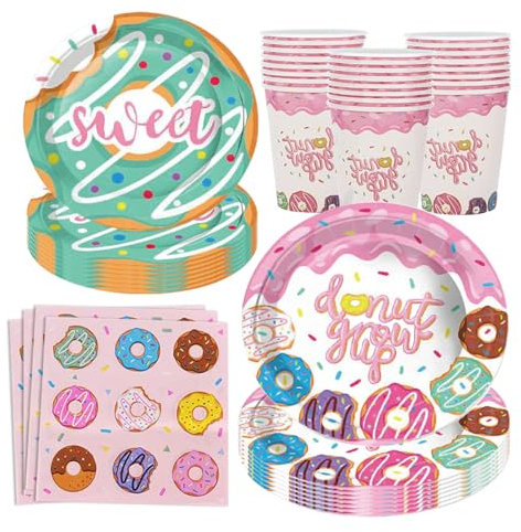 BlinBlin Donuts Partygeschirr Geeignet, Rosa Dessert Themenparty Geschirr Teller, Geburtstag Party Dekoration,Teller Tassen Servietten, 16 Gäste