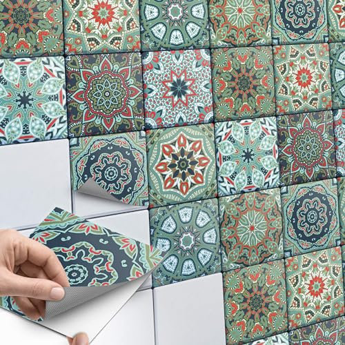 60 Stück Fliesenaufkleber, Fliesenfolie 15x15 cm für Bad und Küche - Klebefliesen, Mosaikfliesen selbstklebend - SET // Design: Marokkanische Fliesen RIAD