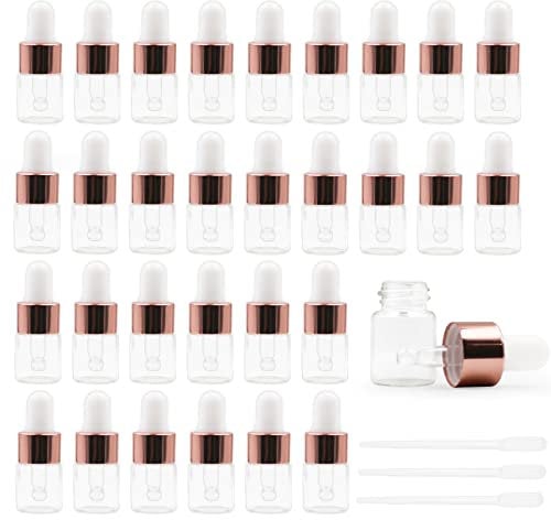 30pcs 2ml Dropper Bottle,Empty Mini Bottles with 3pcs Dropper Pipettes Golden Aluminum Alloy Cap,Refillable Small Sample Vials Container for Essential Oils Perfume Cosmetic Liquid