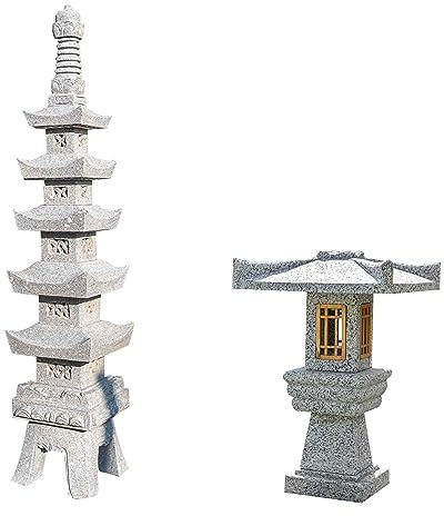 IDYL 2er Set | Steinlaterne aus Granit Pagoda 5stöckig 200 cm + Granit-Stein Laterne Tankimi mit Holzfenster | Frostfest | Höhe 60 cm | Grau | Kombination mit Holz | Handarbeit | Dekoration