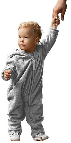Hoppediz Baby Overall aus Fleece, extra lange Beine - perfekt für die Babytrage, Umschlagbündchen an Händen und Füßen - stone 56-62