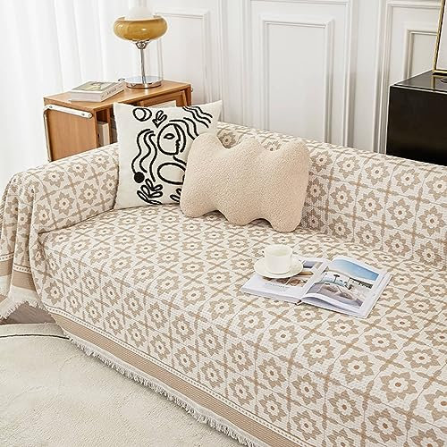 Couchbezug 180x180cm, Blumen mit Quasten Couchbezug 1 Sitzer Überwurf Sofa Katzenschutz Hellbraun Sofa Überzug für Wohnlandschaft