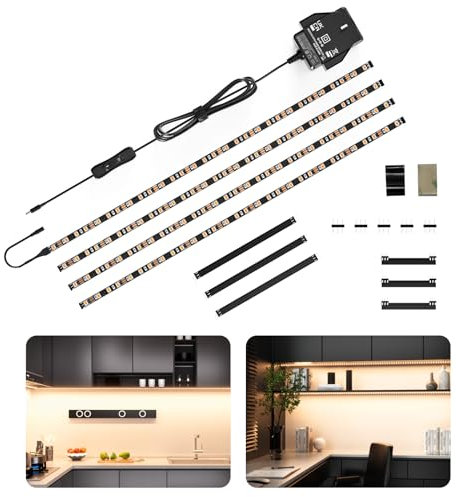 WOBANE Under Cabinet Lighting Kit,12v Flexible 4 x 50cm LED Strip Lights,Super Bright Under Counter Lights for Kitchen,Cupboard,Desk,Monitor Back,Shelf,DIY Tape Light,Natural White 4000K,Black