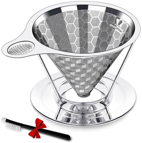 Dailybrew Dreilagiger Kaffee-Tropfer aus Edelstahl, leicht zu reinigen, Metallkegelfilter, papierlos, wiederverwendbar und permanent, Kaffeemaschine mit Halter, 2 Tassen, kompatibel mit Hario V60