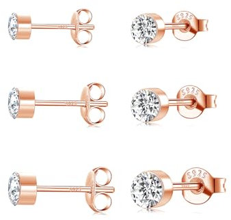 3 Paar 925 Sterling Silber Zirkonia Ohrstecker Set, 2/3/4mm Rosegold Hypoallergen Nickelfrei Funkelnde Ohrringe, kleine Knorpel Ohrstecker Silber für Frauen Männer