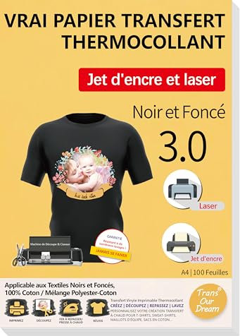 TransOurDream 100 Feuilles A4 Papier Transfert pour Textile noir ou foncé 3.0 + 10 papiers sulfurisés, HTV vinyle, Imprimantes Jet d'Encre & Laser, Non Impression Miroir FR3-3.0-100