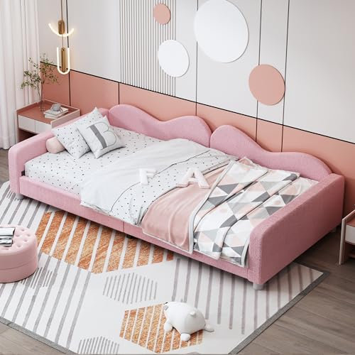 Dolamaní Einzelbetten Schlafsofa 90x200 cm Kleinen Zimmer, Tagesbett Teddystoff mit Rückenlehne, Polsterbett Bett für Kinder Mädchen, Jugendbett, Gästebett (Rosa)