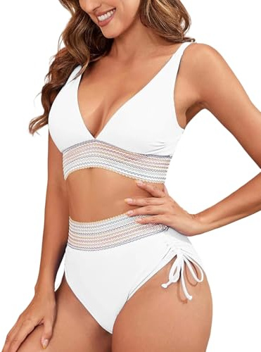 HUXRAKV Coordinati da Bikini per Donna Imbottito Due Pezzi Costume da Bagno con Spaghetti Stampati a Vita Alta Swimwear da Spiaggia,WD14-Bianco,XL