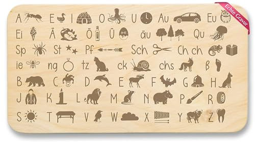 Frühstücksbrettchen Holz Natur - Geschenk zur Einschulung | ABC Brettchen | Schulstart Geschenk | Schulanfang Geschenk für Jungen und Mädchen Alphabet Frühstücksbrett - 22x12 - Holz