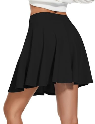 WNEEDU Damen Basic Solid Vielseitige Dehnbaren Casual Mini Skater Rock(Schwarz S)