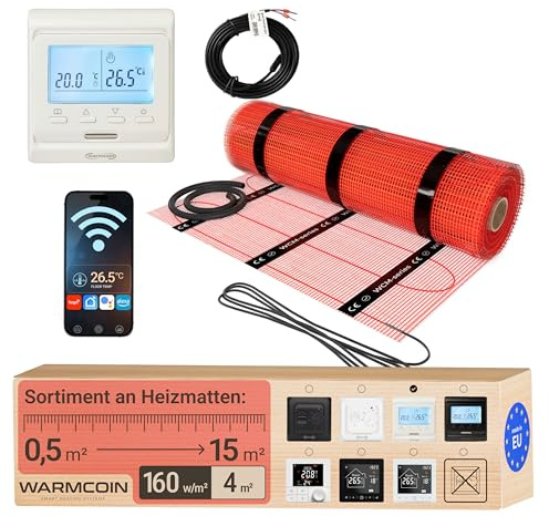 Elektrische Fußbodenheizung Heizmatten-Set mit WLAN-Thermostat 4 m² | Digitales Raumthermostat per App, LCD; Elektro-Flächenheizung 160 W/m², selbstklebend, Bodenfühler; für Fliesen