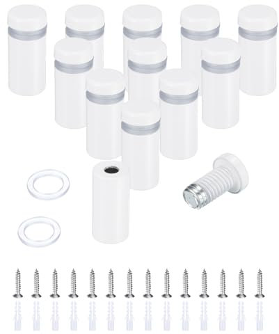 sourcing map 12 Pcs 1/2 x 1-1/5 Standoff Screws Stainless Steel Wall Mount Sign Mounting Hardware Kit with 14pcs Screws for Hanging Acrylic Glass Signs Advertising Boards, White