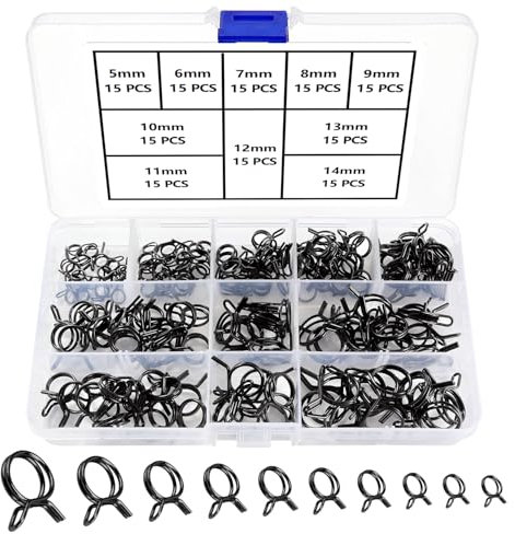 YIXISI 150 PCS 5-14 mm Fuel Hose Spring Clamps, Fuel Line Hose Clips, Tubing Spring Clamps Assortment Kit, Single Wire Tubing Spring Clips Clamps, for Motorcycle Scooter ATV (10 Sizes, Black)
