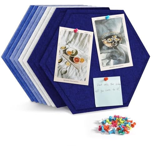Uoisaiko 36x26cm Large Felt Hexagon Bulletin Board with 50 Push Pins, Pack of 8 Pin Board Notice Boards Felt Wall Tiles for Photos Memos (3D Blau)
