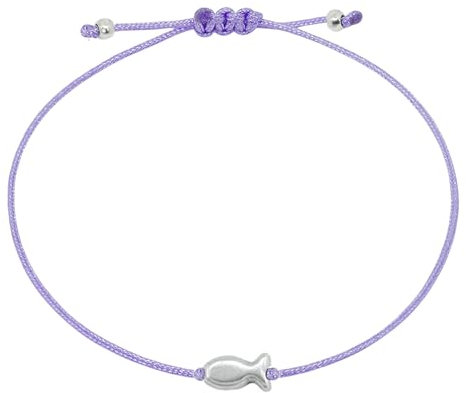 Selfmade Jewelry Armband Damen Silber Fisch Größenverstellbares Makramee-Armkettchen mit Fischchen Handmade Inkl. Geschenk-Verpackung (Silber - Lila)