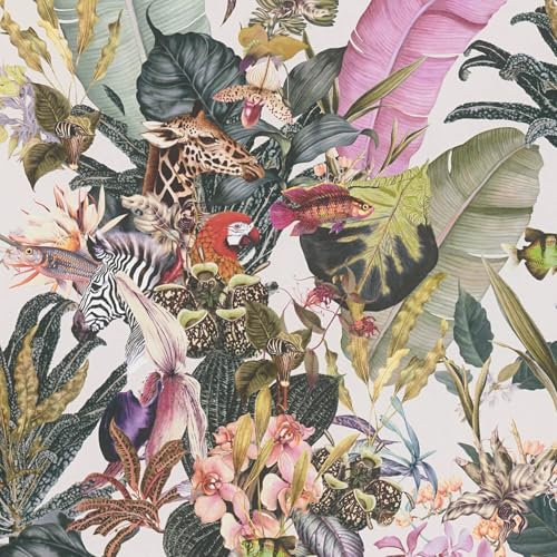 Animal Pattern Wallpaper Wall Profhome 381763-GU Smooth Non-Woven Non-Textured Wallpaper with Jungle Elements matt Cream Green Yellow Pink 5.33 m2