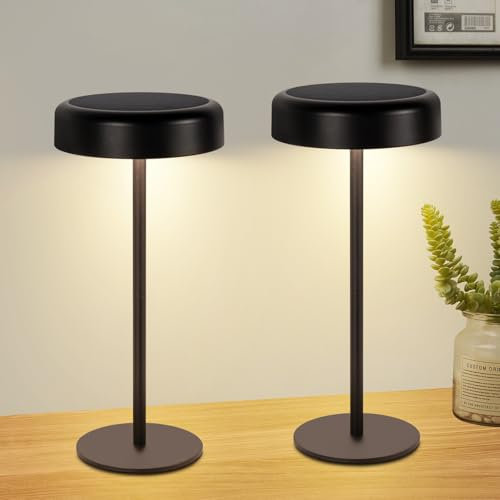 meoaow Tischlampe Solar Akku Nachttischlampe - 2er Set Kabellos Led Tischleuchte 3600mhA Aufladbar Touch Dimmbar Schwarz IP44 mit USB Batterie Tischlampen für Modern Wohnzimmer Schlafzimmer Outdoor