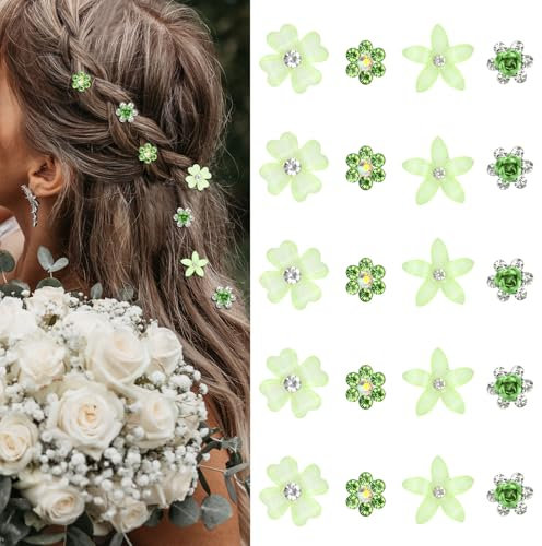 Mezrkuwr 20 piezas verde pequeña flor pinzas para el cabello, mini lindo rhinestone horquillas de metal para las mujeres, accesorios para el cabello de la boda, pinzas para el cabello de novia