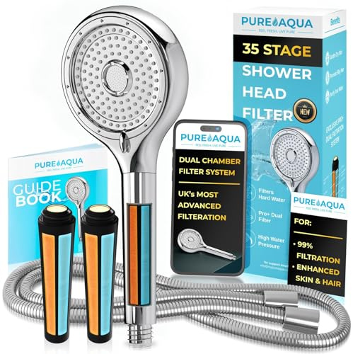 PUREAQUA Dual-Chamber 35 Stage Shower Head Filter & Hose | Premium Filtered Shower Head [New Technology] | High Pressure Shower Heads | Hard Water Softener | Enhances Skin, Hair | X2 Filters 12 Months