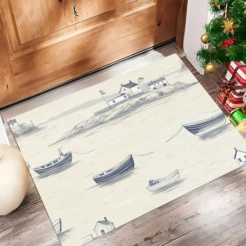 MULERN Soft Pile Indoor Mats For Front Door With Rubber Backing, Coastal Scenery Rug 90x150cm, Beige Washable Door Mat, Ideal For Living Room, Corridor Rug, Fishing Boats Island Welcome Mat
