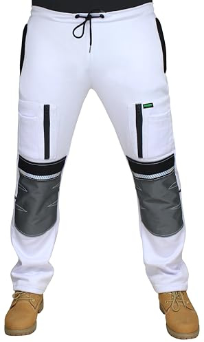 HASHOOB TRADING FZE Men's White Fleece Painter Work Trousers with Knee Pad Pockets & Multi Cargo Storage
