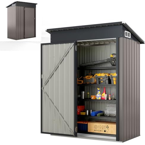 HOMASIS Abri de Jardin Métal Exterieur avec Toit en Appentis, Cabane de Jardin avec Porte et 2 Fenêtres, Abri à Outils Structure Renforcée, Haute Résistance pour Ferme,150 x 88 x 185 cm (Gris)