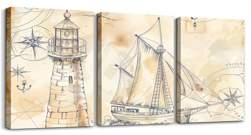 Homewish Leinwand Bilder Vintage Nautische Kompass Wandbilder Wohnzimmer Skizzen Segelboots Bild Auf Leinwand Leuchtturm Wandgemälde Nautischen Weltkarte Gerahmte Wandkunst Zuhause Dekor 40x30cmx3Pcs
