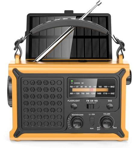 MINORZ Portable Radio Dynamo Survie, 12000mAh AM/FM Radio Solaire avec Manivelle, Radio d'urgence avec 4 Modes de Charge, Lampe de Poche, Lampe de Lecture, Alarme SOS, Étanche IPX6 (Jaune)