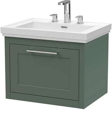 Balterley Vanity Unit with Basin Wall Hung, Single Drawer Soft Close with 3 Tap Hole Rectangular Sink and Handle, Bathroom Vanity Units, Traditional Sink Cabinet - 630 x 471 x 515mm (Green)