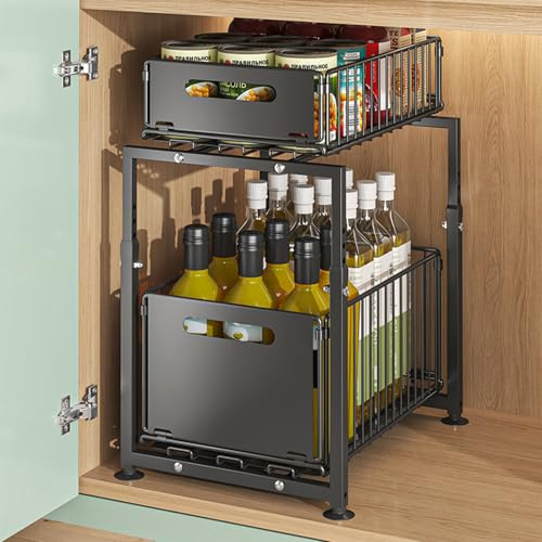 LIROPAU Unterschrank Organizer küchenschrank, 37.5 L x 29 B x 41-49 cm H | Doppelschicht Teleskopschublade Ausziehbarer Schrank Organizer, Ausziehbare Schublade Küche Metall Pull Out Drawer